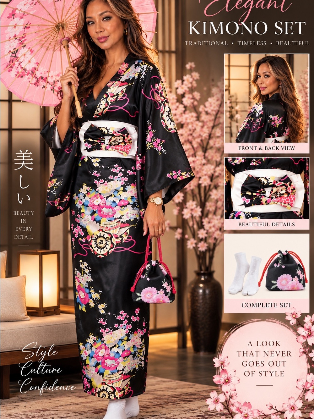 Elegant Black Floral Kimono Set for Women